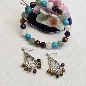 Tiger's Eye Sterling Drop Earrings with Gemstone Stretch Bracelet SET!